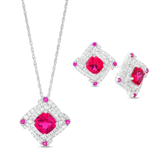 Cushion-Cut Lab-Created Ruby and White Lab-Created Sapphire Double Frame Spiral Two Piece Set in Sterling Silver