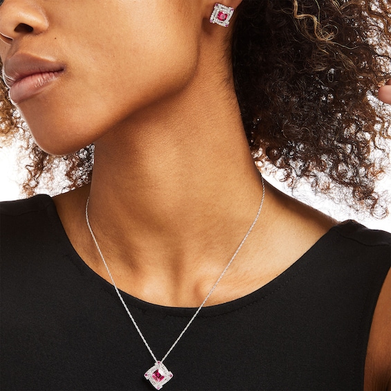Cushion-Cut Lab-Created Ruby and White Lab-Created Sapphire Double Frame Spiral Two Piece Set in Sterling Silver