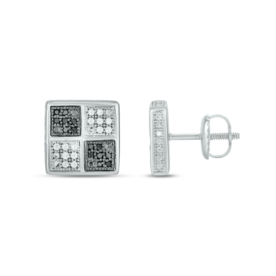 1/3 CT. T.w. Four Square Black and White Multi-Diamond Frame Stud Earrings in Sterling Silver