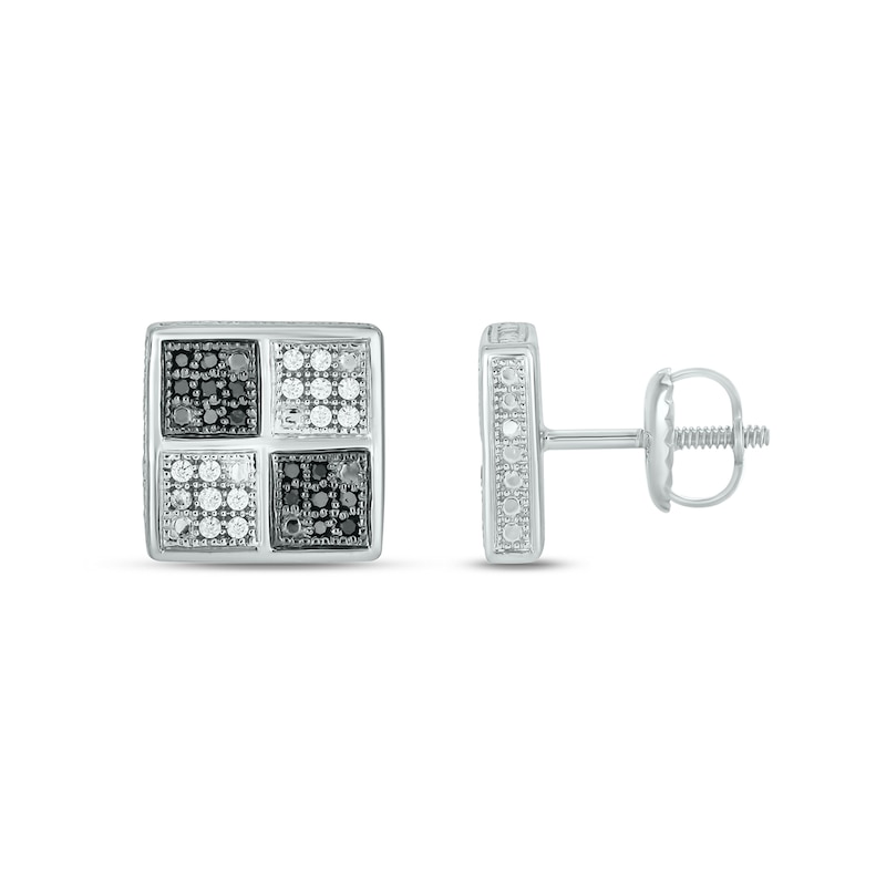 Main Image 1 of 1/3 CT. T.W. Four Square Black and White Multi-Diamond Frame Stud Earrings in Sterling Silver