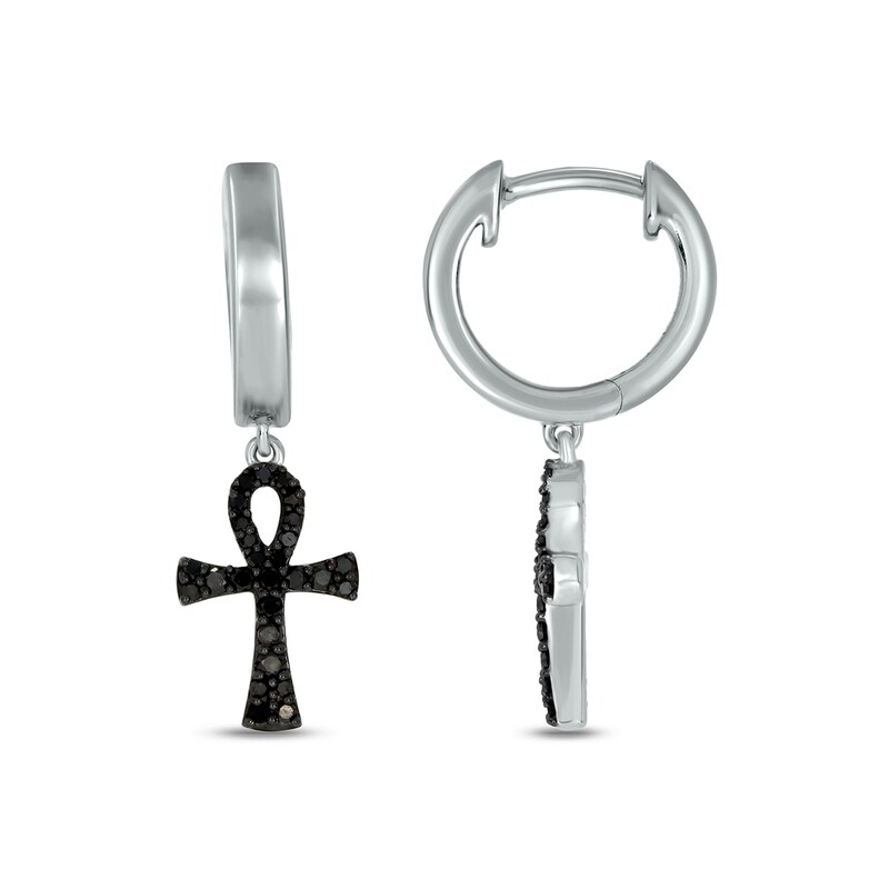 Main Image 1 of Men's 1/4 CT. T.W. Black Diamond Ankh Hoop Drop Earrings in Sterling Silver