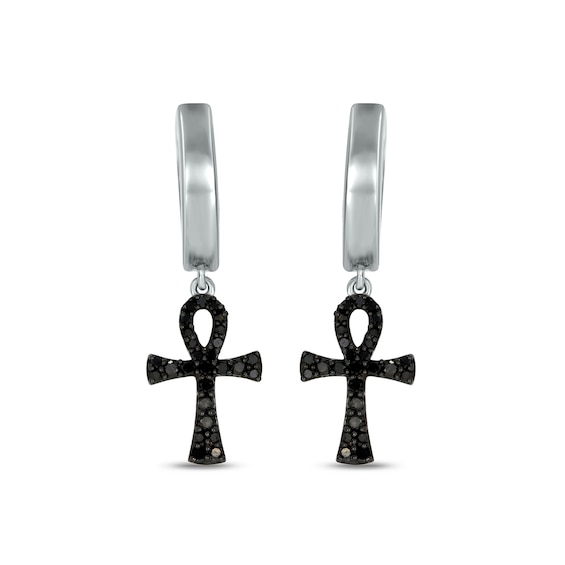 1/4 CT. T.w. Black Diamond Ankh Hoop Drop Earrings in Sterling Silver