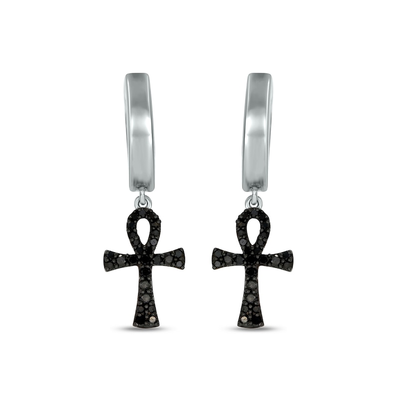 Main Image 2 of Men's 1/4 CT. T.W. Black Diamond Ankh Hoop Drop Earrings in Sterling Silver