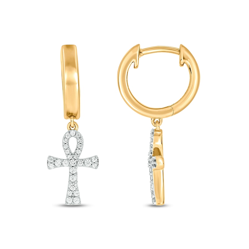 Main Image 1 of Men's 1/4 CT. T.W. Diamond Ankh Hoop Drop Earrings in Sterling Silver with 14K Gold Plate