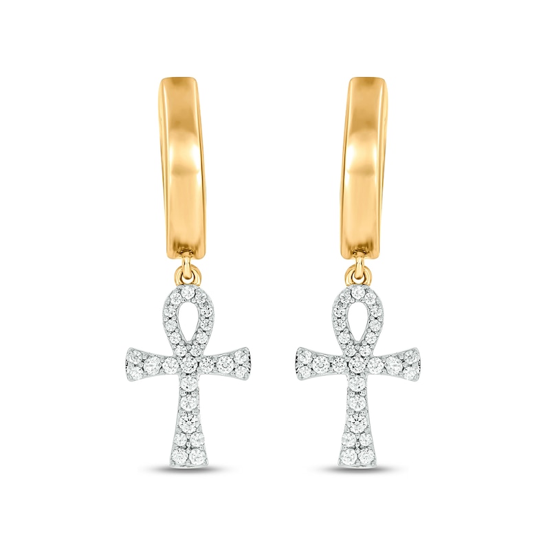 Main Image 2 of Men's 1/4 CT. T.W. Diamond Ankh Hoop Drop Earrings in Sterling Silver with 14K Gold Plate