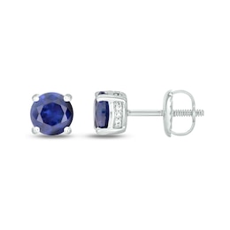 Men's 6.0mm Blue Lab-Created Sapphire and 1/20 CT. T.W. Diamond Side Accent Stud Earrings in Sterling Silver