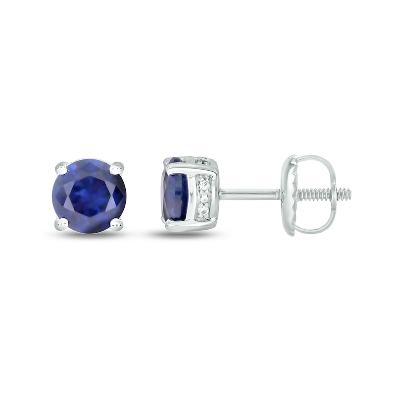 Main Image 1 of Men's 6.0mm Blue Lab-Created Sapphire and 1/20 CT. T.W. Diamond Side Accent Stud Earrings in Sterling Silver