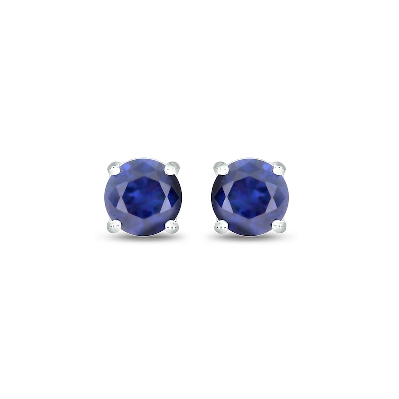Main Image 2 of Men's 6.0mm Blue Lab-Created Sapphire and 1/20 CT. T.W. Diamond Side Accent Stud Earrings in Sterling Silver