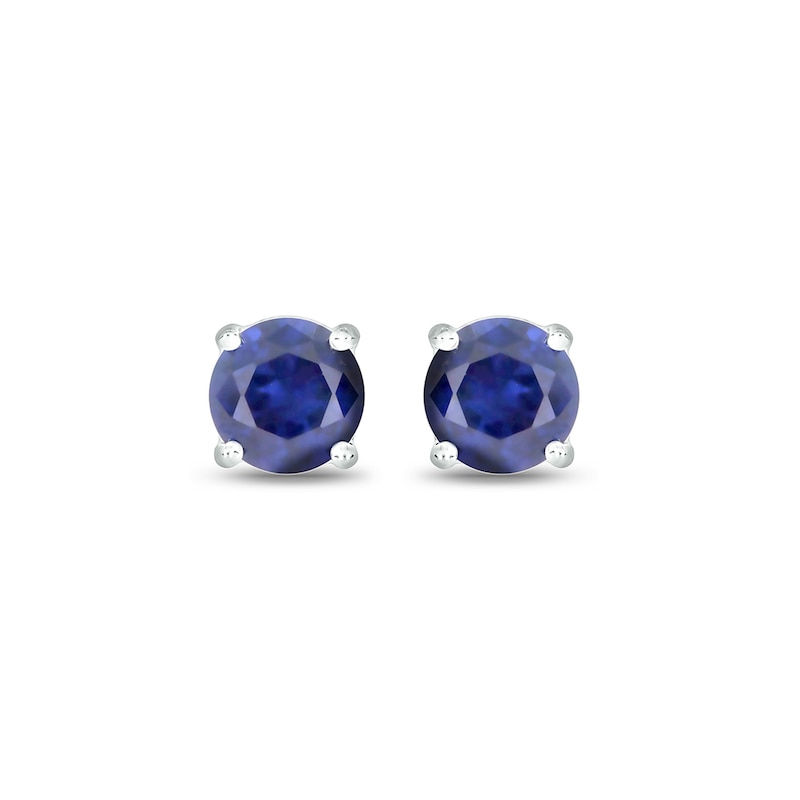 Men's 6.0mm Blue Lab-Created Sapphire and 1/20 CT. T.W. Diamond Side Accent Stud Earrings in Sterling Silver