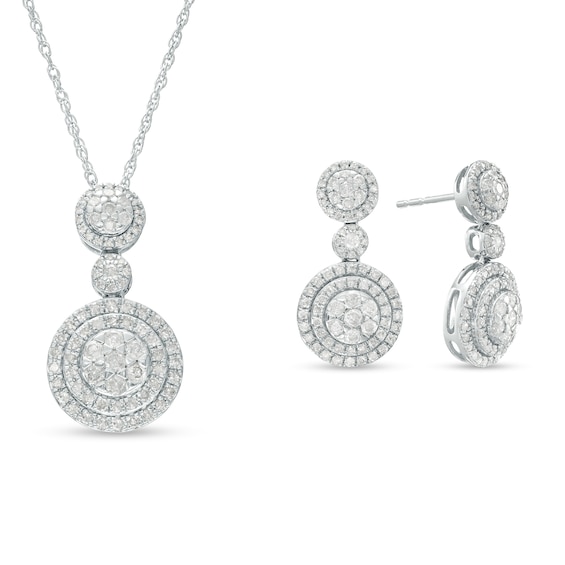 1-3/4 CT. T.w. Multi-Diamond Double Frame Pendant and Drop Earrings Set in 10K White Gold