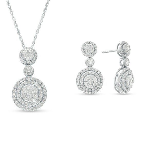 1-3/4 CT. T.w. Multi-Diamond Double Frame Pendant And Drop Earrings Set In 10K White Gold