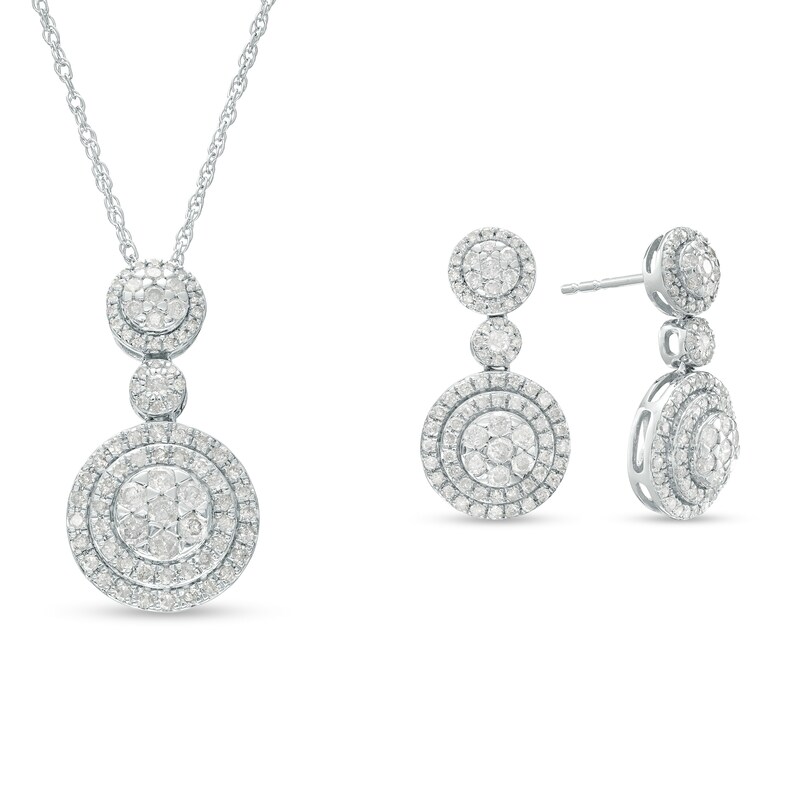 Main Image 1 of 1-3/4 CT. T.W. Multi-Diamond Double Frame Pendant and Drop Earrings Set in 10K White Gold