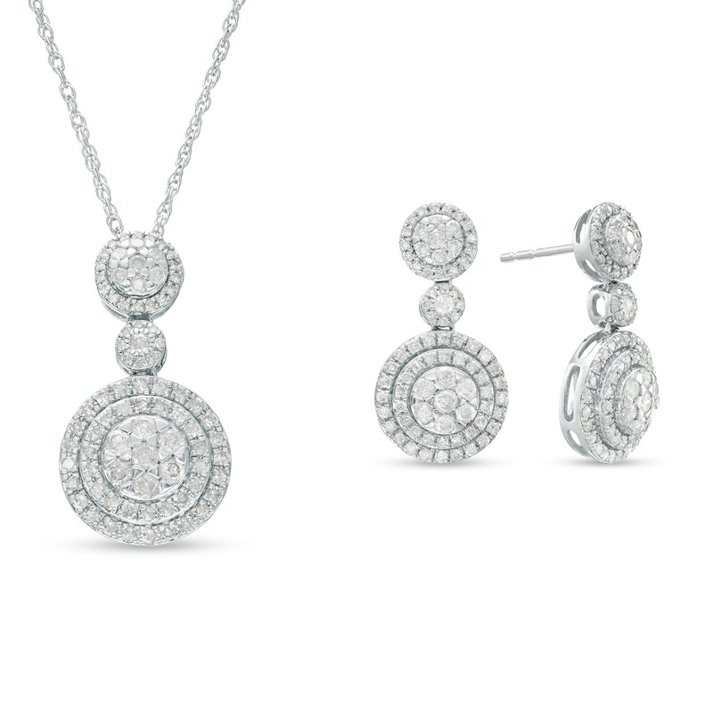 1-3/4 CT. T.W. Multi-Diamond Double Frame Pendant and Drop Earrings Set in 10K White Gold