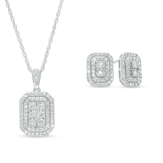 7/8 CT. T.w. Octagonal Multi-Diamond Double Frame Pendant And Stud Earrings Set In 10K White Gold