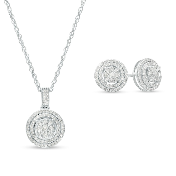 5/8 CT. T.w. Multi-Diamond Double Frame Pendant and Stud Earrings Set in 10K White Gold