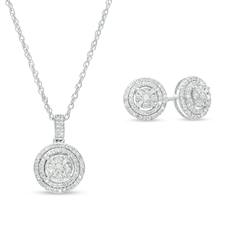 Main Image 1 of 5/8 CT. T.W. Multi-Diamond Double Frame Pendant and Stud Earrings Set in 10K White Gold 