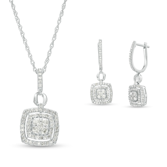 1-1/4 CT. T.w. Cushion-Shaped Multi-Diamond Frame Pendant And Drop Earrings Set In 10K White Gold