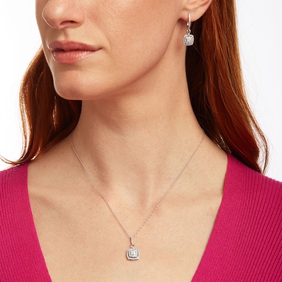 1-1/4 CT. T.w. Cushion-Shaped Multi-Diamond Frame Pendant and Drop Earrings Set in 10K White Gold