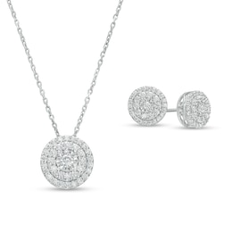 1 CT. T.W. Diamond Double Frame Pendant and Stud Earrings Set in Sterling Silver - 17&quot;