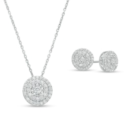 1 CT. T.W. Multi-Diamond Frame Pendant and Stud Earrings Set in Sterling Silver