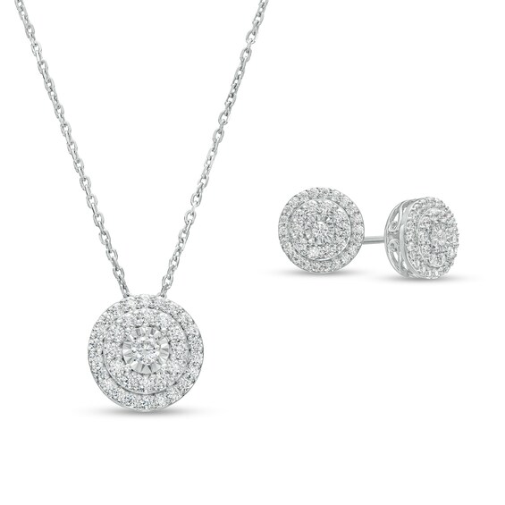1 CT. T.w. Multi-Diamond Frame Pendant and Stud Earrings Set in Sterling Silver