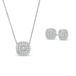 1 CT. T.W. Diamond Double Cushion-Shaped Frame Pendant and Stud Earrings Set in Sterling Silver - 17&quot;