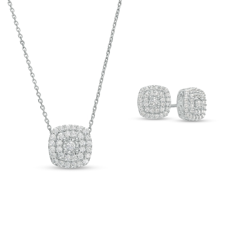 Main Image 1 of 1 CT. T.W. Diamond Double Cushion-Shaped Frame Pendant and Stud Earrings Set in Sterling Silver - 17"