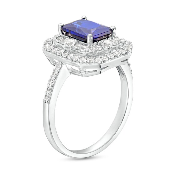 Radiant-Cut Blue and White Lab-Created Sapphire Double Frame Ring in Sterling Silver