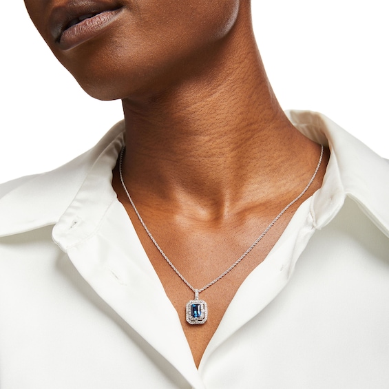 Radiant-Cut Blue and White Lab-Created Sapphire Double Frame Pendant in Sterling Silver