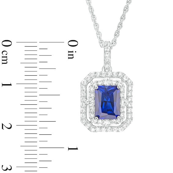 Radiant-Cut Blue and White Lab-Created Sapphire Double Frame Pendant in Sterling Silver