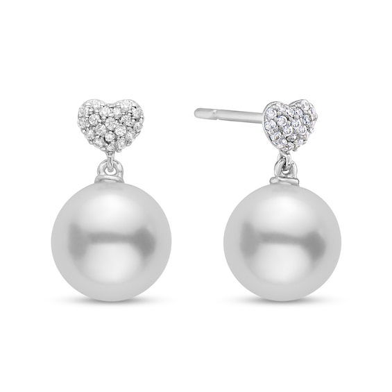8.5mm Freshwater Cultured Pearl and 1/6 CT. T.w. Diamond Heart Drop Earrings in 10K White Gold