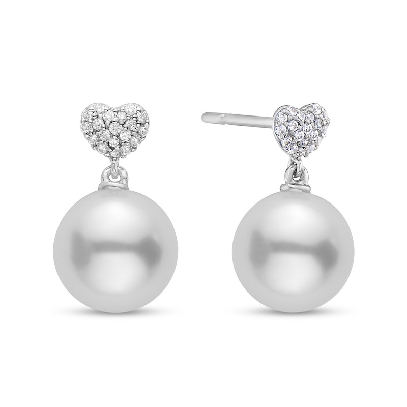8.5mm Cultured Freshwater Pearl and 1/6 CT. T.W. Diamond Heart Drop Earrings in 10K White Gold