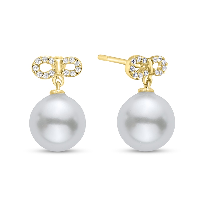8.5mm Cultured Freshwater Pearl and 1/8 CT. T.W. Diamond Bow Drop Earrings in 10K Gold