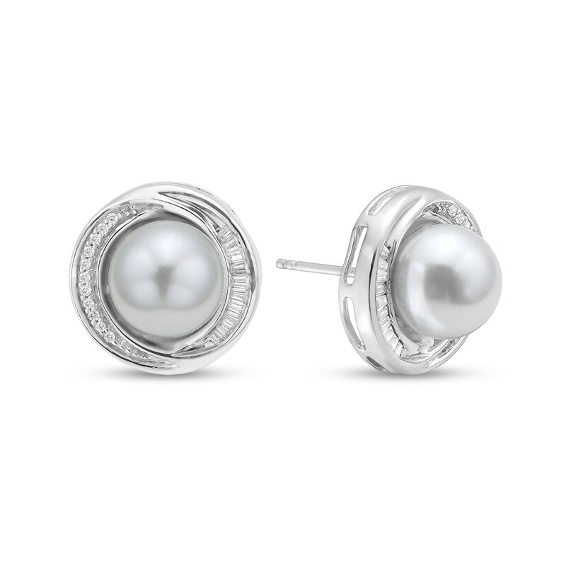 Main Image 1 of 8.5mm Freshwater Cultured Pearl and 1/4 CT. T.W Baguette and Round Diamond Twisted Frame Stud Earrings in 10K White Gold