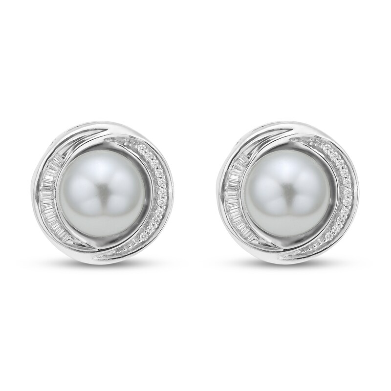 Main Image 2 of 8.5mm Freshwater Cultured Pearl and 1/4 CT. T.W Baguette and Round Diamond Twisted Frame Stud Earrings in 10K White Gold