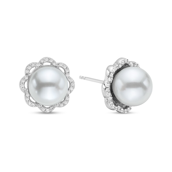 8.5mm Freshwater Cultured Pearl and 0.09 CT. T.w. Diamond Flower Frame Stud Earrings in 10K White Gold