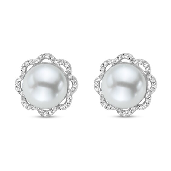8.5mm Freshwater Cultured Pearl and 0.09 CT. T.w. Diamond Flower Frame Stud Earrings in 10K White Gold