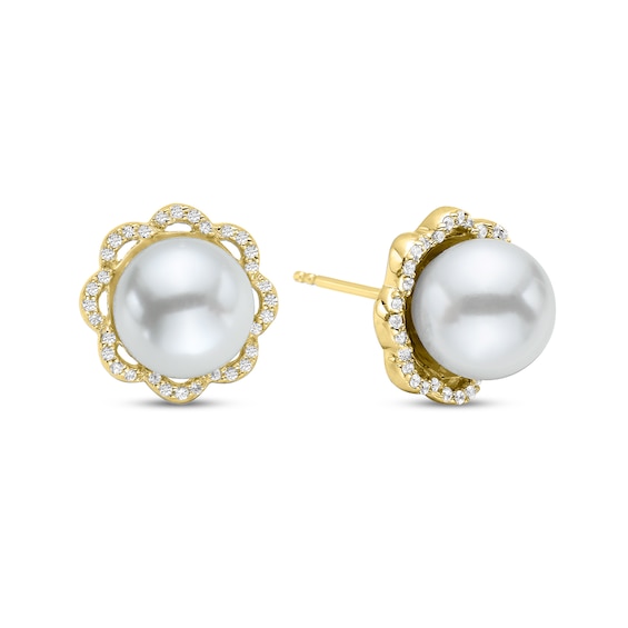 8.5mm Freshwater Cultured Pearl and 0.09 CT. T.w. Diamond Flower Frame Stud Earrings in 10K Gold