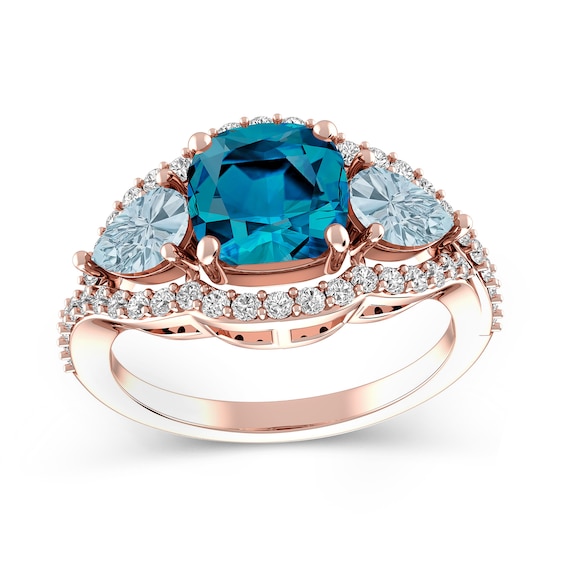 Cushion-Cut London Blue Topaz, Aquamarine and White Topaz Ring (2 Stones)