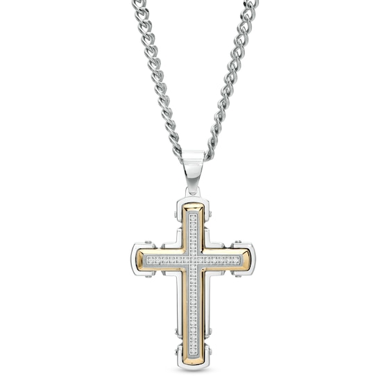 Men's 1/4 CT. T.w. Diamond Gothic Cross Pendant in Stainless Steel with Yellow Ion Plate – 24"