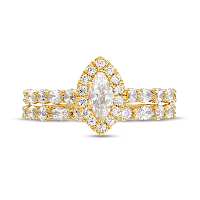 Main Image 4 of 1-1/2 CT. T.W. Marquise Diamond Frame Alternating Shank Bridal Set in 14K Gold (I/I1)