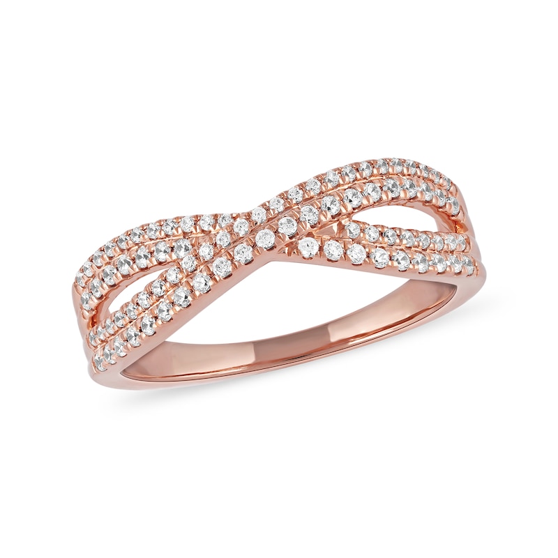 Main Image 1 of 1/3 CT. T.W. Diamond Double Row Crossover Ring in 14K Rose Gold