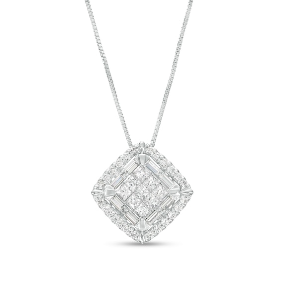 1 CT. T.w. Cushion-Shaped Multi-Diamond Double Frame Tilted Pendant in 10K White Gold