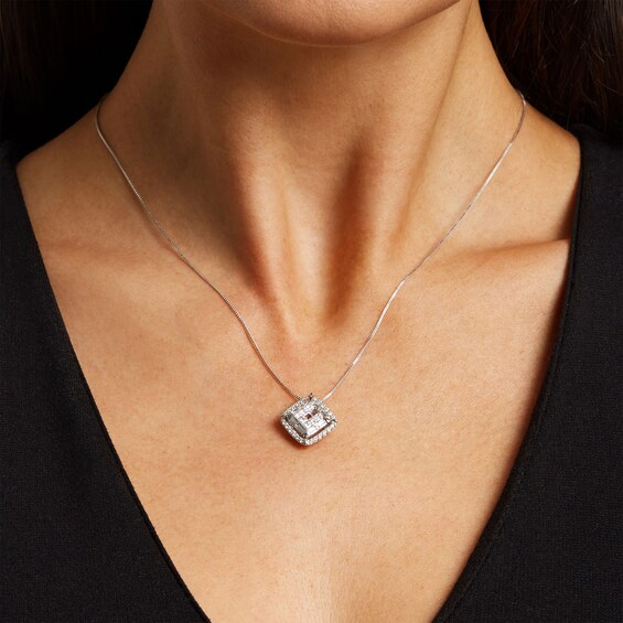 1 CT. T.w. Cushion-Shaped Multi-Diamond Double Frame Tilted Pendant in 10K White Gold