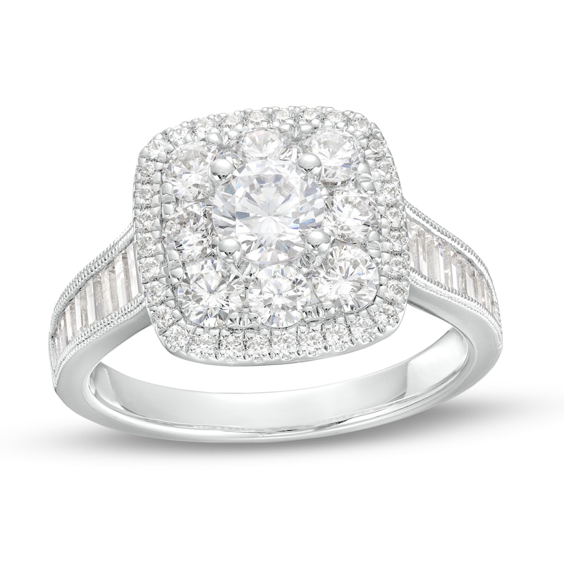 Main Image 1 of 1-3/4 CT. T.W. Diamond Double Cushion-Shaped Frame Vintage-Style Engagement Ring in 14K White Gold (I/I1)