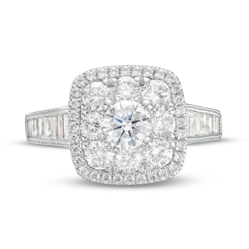 Main Image 4 of 1-3/4 CT. T.W. Diamond Double Cushion-Shaped Frame Vintage-Style Engagement Ring in 14K White Gold (I/I1)