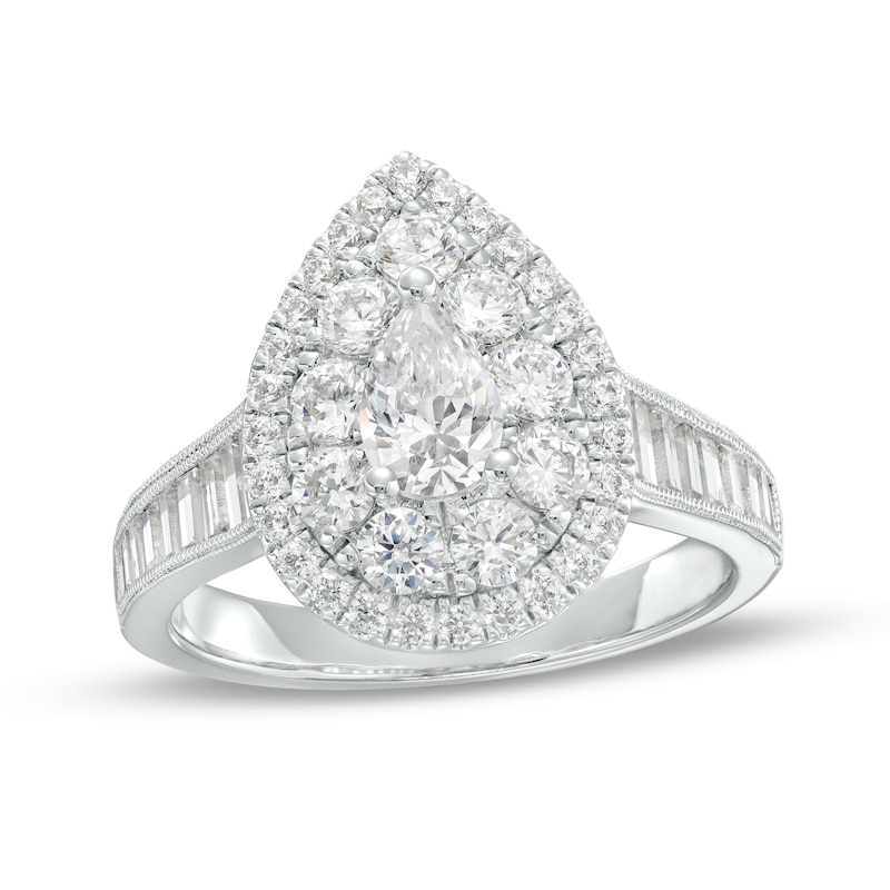 Main Image 1 of 1-3/4 CT. T.W. Pear-Shaped Diamond Double Frame Engagement Ring in 14K White Gold (I/SI2)