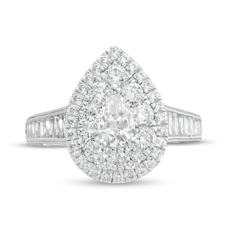Main Image 4 of 1-3/4 CT. T.W. Pear-Shaped Diamond Double Frame Engagement Ring in 14K White Gold (I/SI2)
