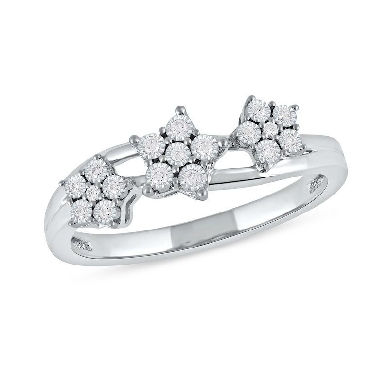 Main Image 1 of 1/15 CT. T.W. Diamond Triple Flower Split Shank Ring in Sterling Silver