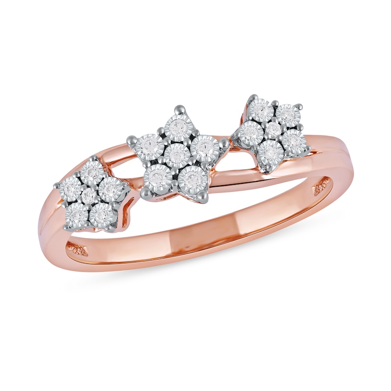 Main Image 1 of 1/15 CT. T.W. Diamond Triple Flower Split Shank Ring in Sterling Silver with 14K Rose Gold Plate